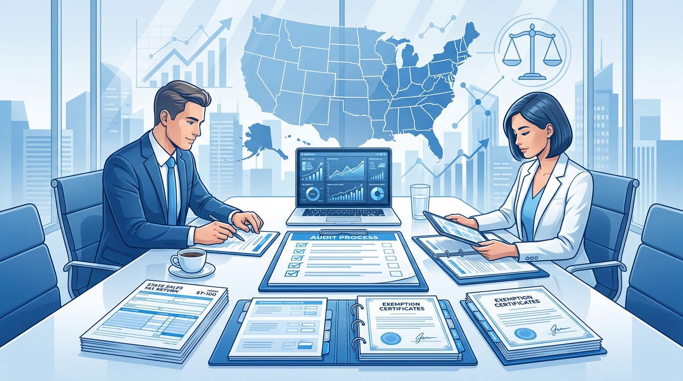 Professional business team reviewing the sales tax audit process with compliance documents, U.S. state tax forms, and a structured audit checklist on a modern conference table.