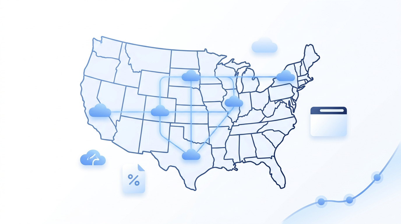 U.S. map illustration showing which states charge SaaS sales tax by state in 2026